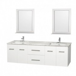 72 inch Double Bathroom Vanity in Matte White, White Carrera Marble Countertop, Undermount Square Sink, and 24 inch Mirrors