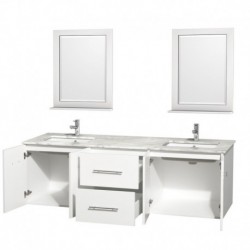 72 inch Double Bathroom Vanity in Matte White, White Carrera Marble Countertop, Undermount Square Sink, and 24 inch Mirrors