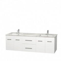 72 inch Double Bathroom Vanity in Matte White, White Carrera Marble Countertop, Undermount Square Sinks, and No Mirror
