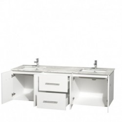 72 inch Double Bathroom Vanity in Matte White, White Carrera Marble Countertop, Undermount Square Sinks, and No Mirror