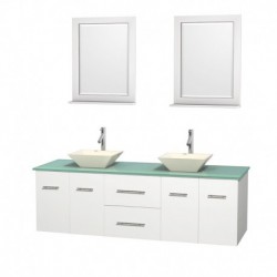 72 inch Double Bathroom Vanity in Matte White, Green Glass Countertop, Pyra Bone Porcelain Sinks, and 24 inch Mirrors