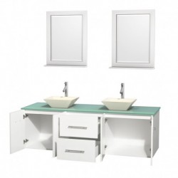 72 inch Double Bathroom Vanity in Matte White, Green Glass Countertop, Pyra Bone Porcelain Sinks, and 24 inch Mirrors