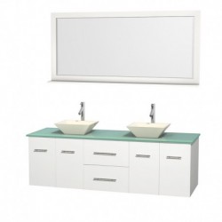 72 inch Double Bathroom Vanity in Matte White, Green Glass Countertop, Pyra Bone Porcelain Sinks, and 70 inch Mirror