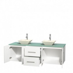 72 inch Double Bathroom Vanity in Matte White, Green Glass Countertop, Pyra Bone Porcelain Sinks, and No Mirror