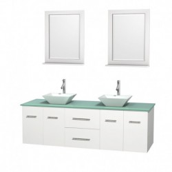 72 inch Double Bathroom Vanity in Matte White, Green Glass Countertop, Pyra White Porcelain Sinks, and 24 inch Mirrors