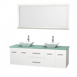 72 inch Double Bathroom Vanity in Matte White, Green Glass Countertop, Pyra White Porcelain Sinks, and 70 inch Mirror