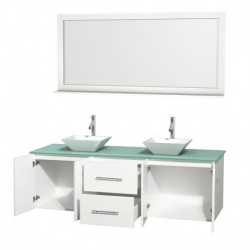 72 inch Double Bathroom Vanity in Matte White, Green Glass Countertop, Pyra White Porcelain Sinks, and 70 inch Mirror