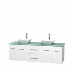 72 inch Double Bathroom Vanity in Matte White, Green Glass Countertop, Pyra White Porcelain Sinks, and No Mirror