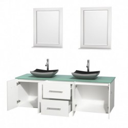 72 inch Double Bathroom Vanity in Matte White, Green Glass Countertop, Altair Black Granite Sinks, and 24 inch Mirrors