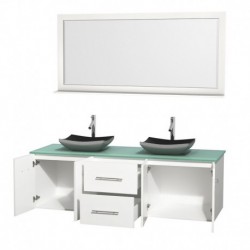 72 inch Double Bathroom Vanity in Matte White, Green Glass Countertop, Altair Black Granite Sinks, and 70 inch Mirror