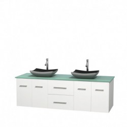 72 inch Double Bathroom Vanity in Matte White, Green Glass Countertop, Altair Black Granite Sinks, and No Mirror