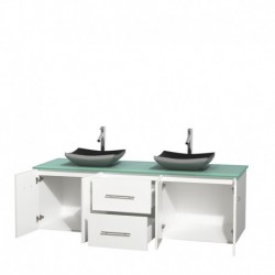 72 inch Double Bathroom Vanity in Matte White, Green Glass Countertop, Altair Black Granite Sinks, and No Mirror