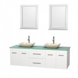 72 inch Double Bathroom Vanity in Matte White, Green Glass Countertop, Avalon Ivory Marble Sinks, and 24 inch Mirrors