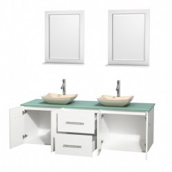 72 inch Double Bathroom Vanity in Matte White, Green Glass Countertop, Avalon Ivory Marble Sinks, and 24 inch Mirrors