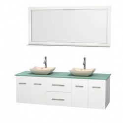 72 inch Double Bathroom Vanity in Matte White, Green Glass Countertop, Avalon Ivory Marble Sinks, and 70 inch Mirror