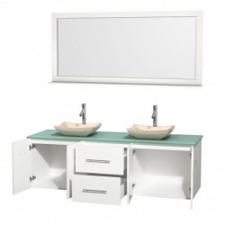 72 inch Double Bathroom Vanity in Matte White, Green Glass Countertop, Avalon Ivory Marble Sinks, and 70 inch Mirror