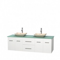 72 inch Double Bathroom Vanity in Matte White, Green Glass Countertop, Avalon Ivory Marble Sinks, and No Mirror