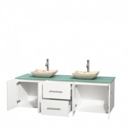 72 inch Double Bathroom Vanity in Matte White, Green Glass Countertop, Avalon Ivory Marble Sinks, and No Mirror