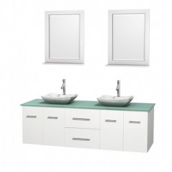 72 inch Double Bathroom Vanity in Matte White, Green Glass Countertop, Avalon White Carrera Marble Sinks, and 24 inch Mirrors