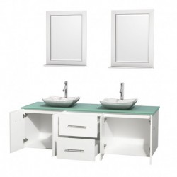 72 inch Double Bathroom Vanity in Matte White, Green Glass Countertop, Avalon White Carrera Marble Sinks, and 24 inch Mirrors