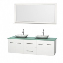 72 inch Double Bathroom Vanity in Matte White, Green Glass Countertop, Avalon White Carrera Marble Sinks, and 70 inch Mirror