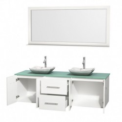 72 inch Double Bathroom Vanity in Matte White, Green Glass Countertop, Avalon White Carrera Marble Sinks, and 70 inch Mirror