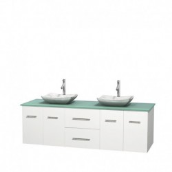72 inch Double Bathroom Vanity in Matte White, Green Glass Countertop, Avalon White Carrera Marble Sinks, and No Mirror
