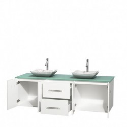 72 inch Double Bathroom Vanity in Matte White, Green Glass Countertop, Avalon White Carrera Marble Sinks, and No Mirror