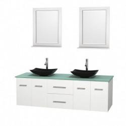 72 inch Double Bathroom Vanity in Matte White, Green Glass Countertop, Arista Black Granite Sinks, and 24 inch Mirrors