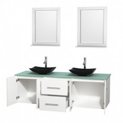 72 inch Double Bathroom Vanity in Matte White, Green Glass Countertop, Arista Black Granite Sinks, and 24 inch Mirrors