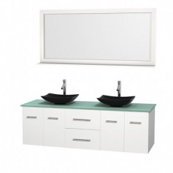 72 inch Double Bathroom Vanity in Matte White, Green Glass Countertop, Arista Black Granite Sinks, and 70 inch Mirror