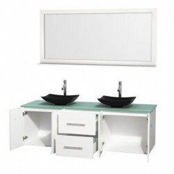 72 inch Double Bathroom Vanity in Matte White, Green Glass Countertop, Arista Black Granite Sinks, and 70 inch Mirror