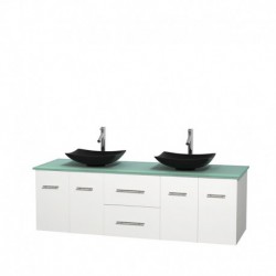 72 inch Double Bathroom Vanity in Matte White, Green Glass Countertop, Arista Black Granite Sinks, and No Mirror