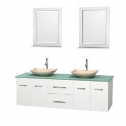 72 inch Double Bathroom Vanity in Matte White, Green Glass Countertop, Arista Ivory Marble Sinks, and 24 inch Mirrors