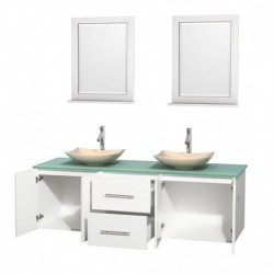 72 inch Double Bathroom Vanity in Matte White, Green Glass Countertop, Arista Ivory Marble Sinks, and 24 inch Mirrors
