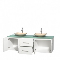 72 inch Double Bathroom Vanity in Matte White, Green Glass Countertop, Arista Ivory Marble Sinks, and No Mirror