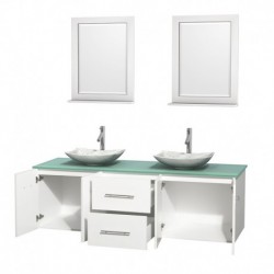 72 inch Double Bathroom Vanity in Matte White, Green Glass Countertop, Arista White Carrera Marble Sinks, and 24 inch Mirrors