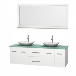 72 inch Double Bathroom Vanity in Matte White, Green Glass Countertop, Arista White Carrera Marble Sinks, and 70 inch Mirror