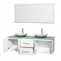 72 inch Double Bathroom Vanity in Matte White, Green Glass Countertop, Arista White Carrera Marble Sinks, and 70 inch Mirror