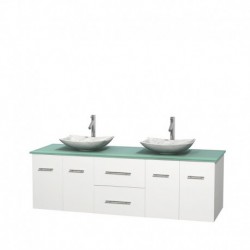 72 inch Double Bathroom Vanity in Matte White, Green Glass Countertop, Arista White Carrera Marble Sinks, and No Mirror