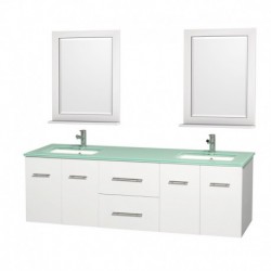 72 inch Double Bathroom Vanity in Matte White, Green Glass Countertop, Undermount Square Sink, and 24 inch Mirrors