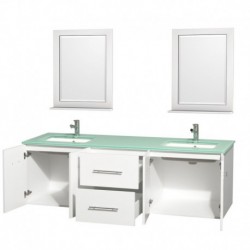 72 inch Double Bathroom Vanity in Matte White, Green Glass Countertop, Undermount Square Sink, and 24 inch Mirrors