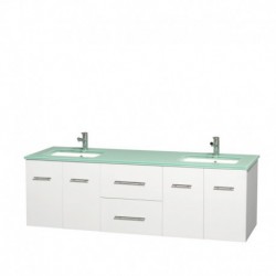 72 inch Double Bathroom Vanity in Matte White, Green Glass Countertop, Undermount Square Sinks, and No Mirror