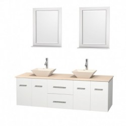 72 inch Double Bathroom Vanity in Matte White, Ivory Marble Countertop, Pyra Bone Porcelain Sinks, and 24 inch Mirrors