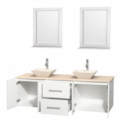 72 inch Double Bathroom Vanity in Matte White, Ivory Marble Countertop, Pyra Bone Porcelain Sinks, and 24 inch Mirrors