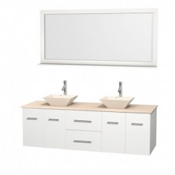 72 inch Double Bathroom Vanity in Matte White, Ivory Marble Countertop, Pyra Bone Porcelain Sinks, and 70 inch Mirror