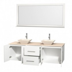 72 inch Double Bathroom Vanity in Matte White, Ivory Marble Countertop, Pyra Bone Porcelain Sinks, and 70 inch Mirror