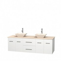 72 inch Double Bathroom Vanity in Matte White, Ivory Marble Countertop, Pyra Bone Porcelain Sinks, and No Mirror