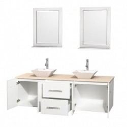 72 inch Double Bathroom Vanity in Matte White, Ivory Marble Countertop, Pyra White Porcelain Sinks, and 24 inch Mirrors