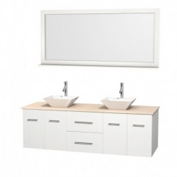 72 inch Double Bathroom Vanity in Matte White, Ivory Marble Countertop, Pyra White Porcelain Sinks, and 70 inch Mirror